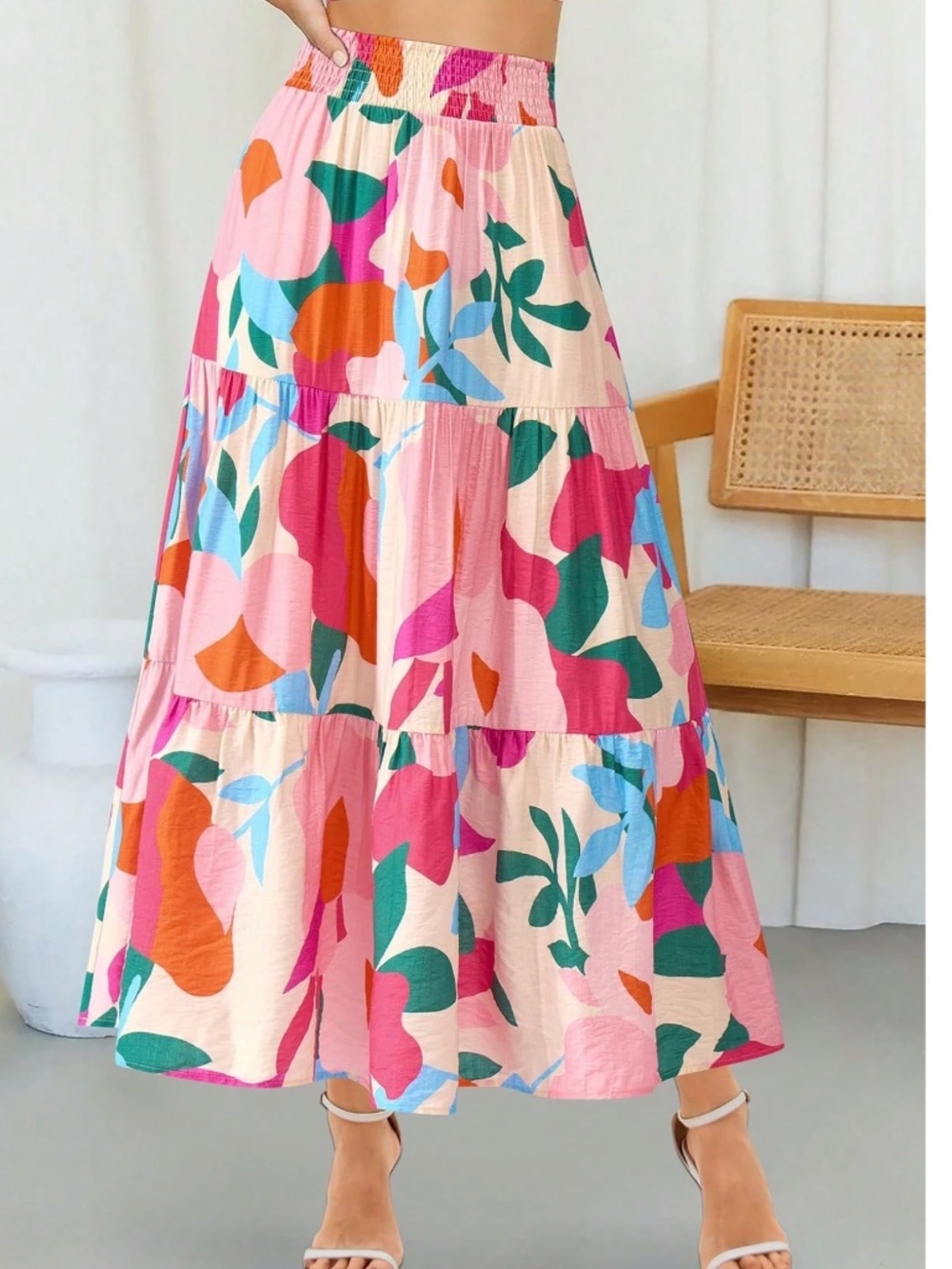 Boho Floral Print Stretchy Waist Ruffle Hem Maxi Skirt
